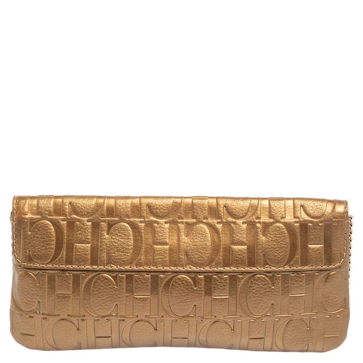 Pre Owned Carolina Herrera Gold Monogram Embossed Leather Bow Chain Clutch 
