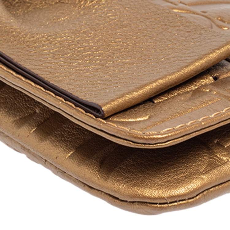 Pre Owned Carolina Herrera Gold Monogram Embossed Leather Bow Chain Clutch 