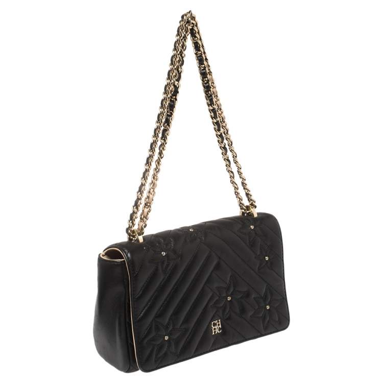 مملوكة مسبقًا CH Carolina Herrera Black Quilted Floral Leather Flap Chain Shoulder Bag