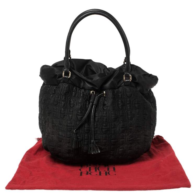 Pre Owned CH Carolina Herrera Black Monogram Nylon Drawstring Shoulder Bag