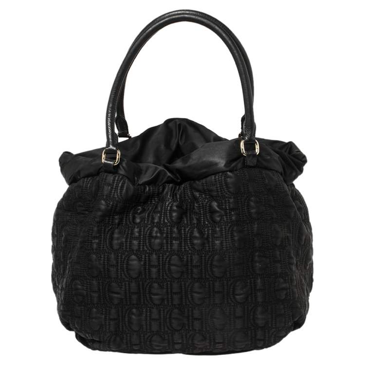 Pre Owned CH Carolina Herrera Black Monogram Nylon Drawstring Shoulder Bag