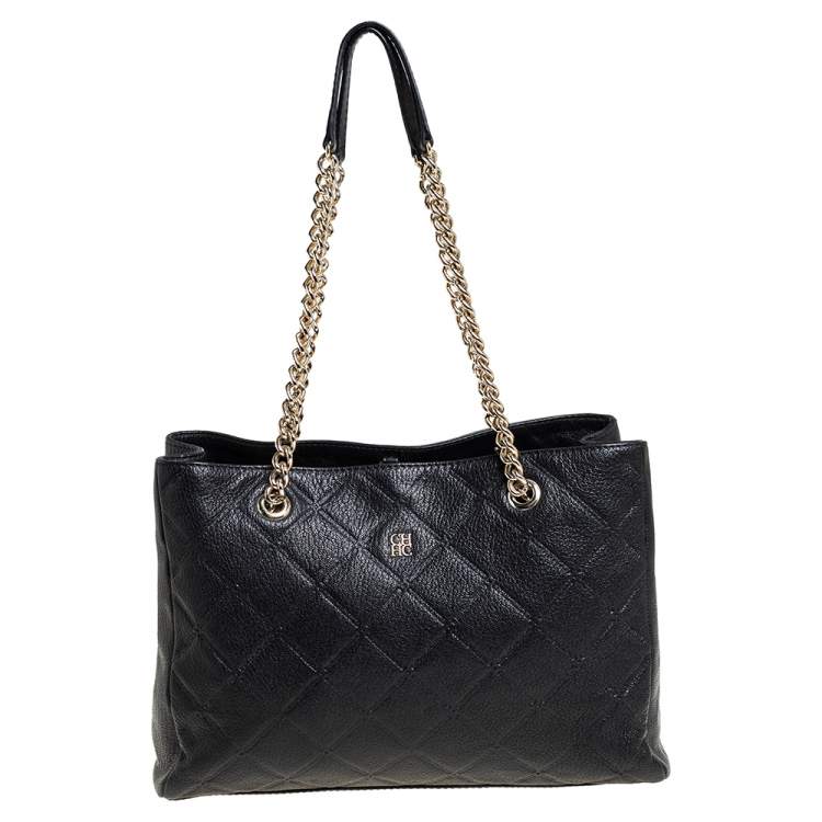 Pre Owned Carolina Herrera Black Quilted Leather Shopper Tote