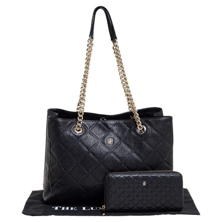 Pre Owned Carolina Herrera Black Quilted Leather Shopper Tote
