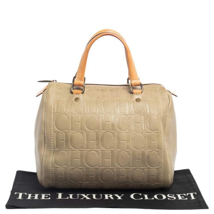 Pre Owned Carolina Herrera Light Beige Embossed Leather Andy Boston Bag