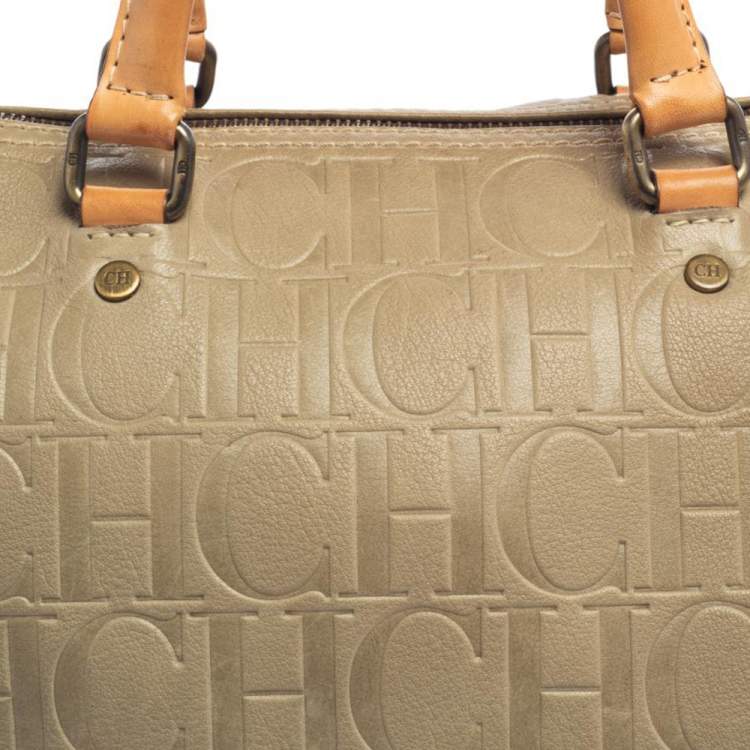 Pre Owned Carolina Herrera Light Beige Embossed Leather Andy Boston Bag