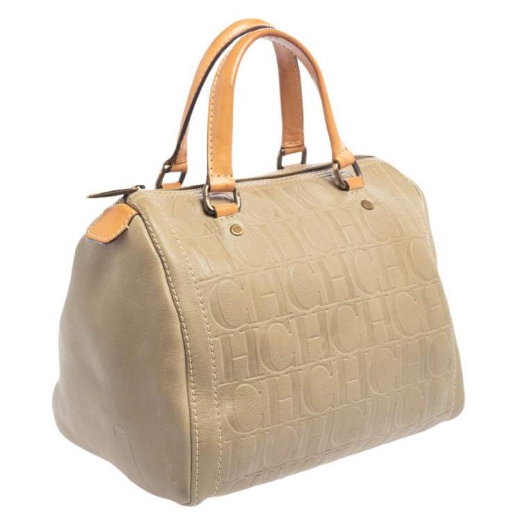 Pre Owned Carolina Herrera Light Beige Embossed Leather Andy Boston Bag