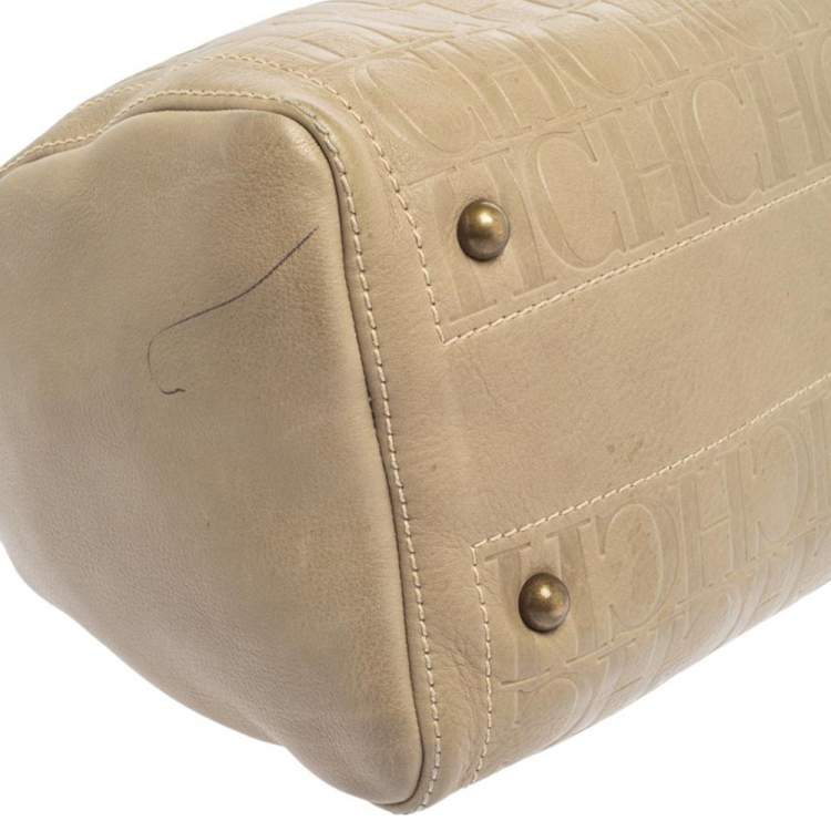 Pre Owned Carolina Herrera Light Beige Embossed Leather Andy Boston Bag