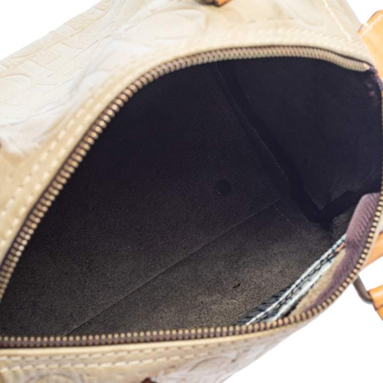 Pre Owned Carolina Herrera Light Beige Embossed Leather Andy Boston Bag