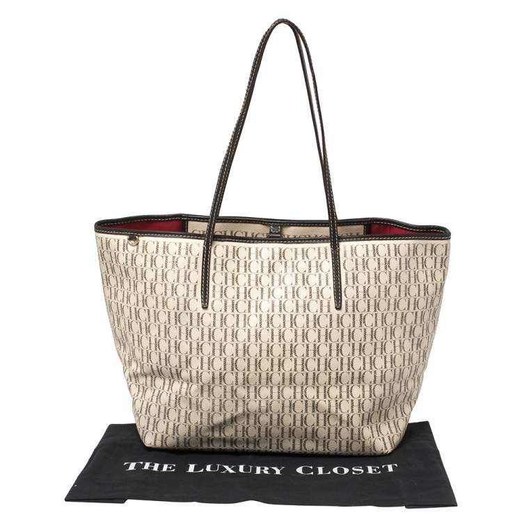 Pre Owned CH Carolina Herrera Cream/Black Monogram Coated Canvas And Leather Shopper Tote
