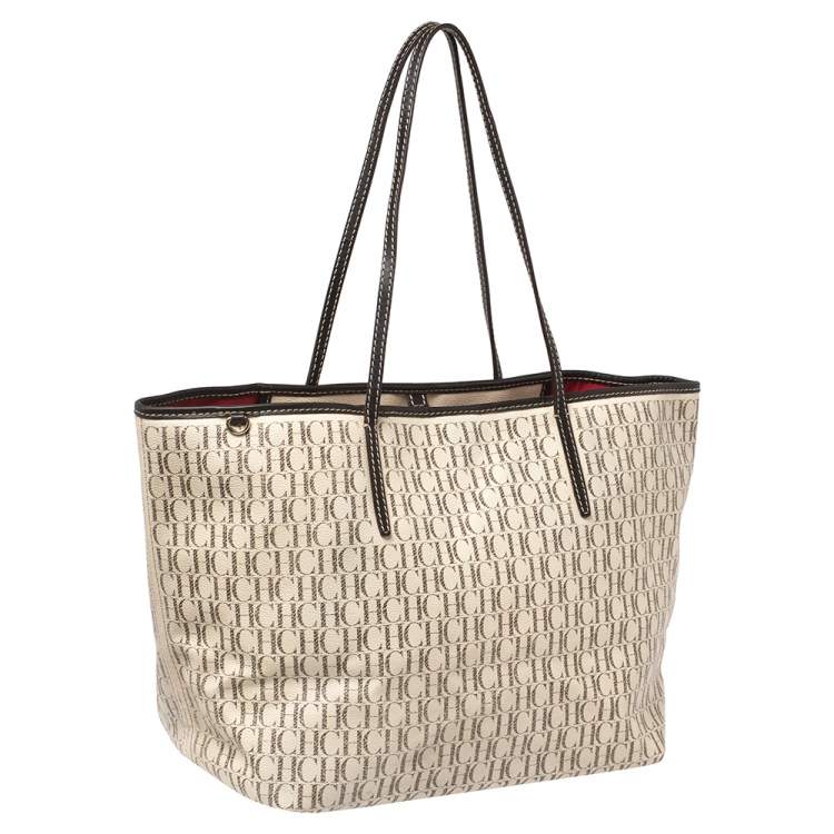 Pre Owned CH Carolina Herrera Cream/Black Monogram Coated Canvas And Leather Shopper Tote