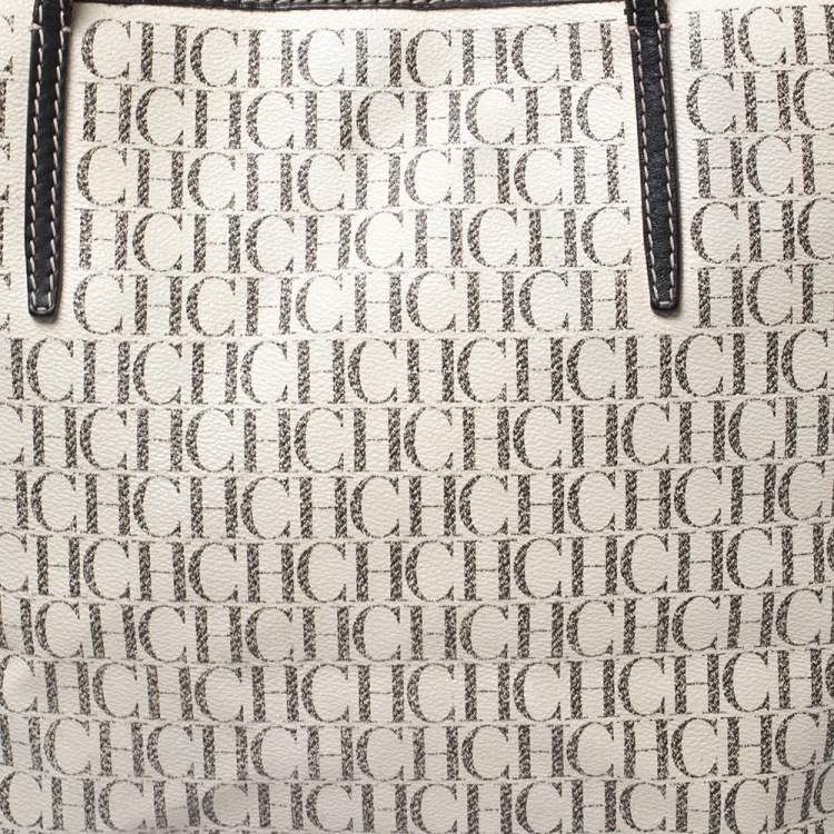 Pre Owned CH Carolina Herrera Cream/Black Monogram Coated Canvas And Leather Shopper Tote