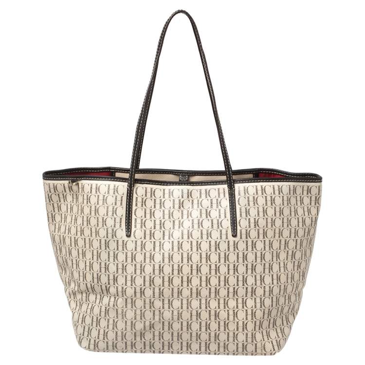Pre Owned CH Carolina Herrera Cream/Black Monogram Coated Canvas And Leather Shopper Tote