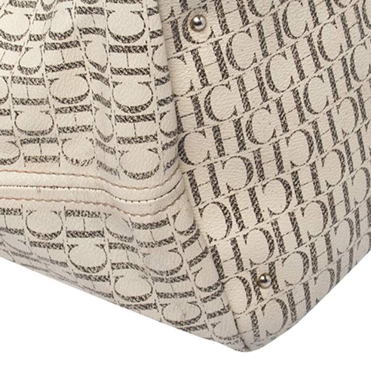Pre Owned CH Carolina Herrera Cream/Black Monogram Coated Canvas And Leather Shopper Tote