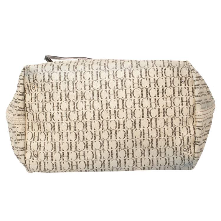 Pre Owned CH Carolina Herrera Cream/Black Monogram Coated Canvas And Leather Shopper Tote