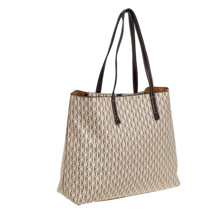 Pre Owned CH Carolina Herrera Beige/Brown Monogram Canvas And Leather Shopper Tote