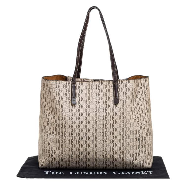 Pre Owned CH Carolina Herrera Beige/Brown Monogram Canvas And Leather Shopper Tote