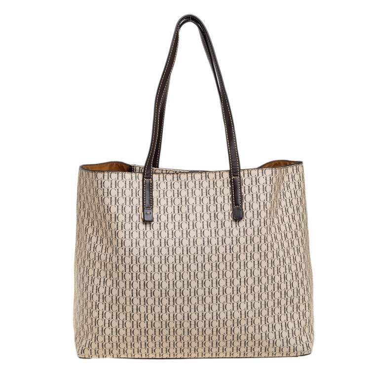 Pre Owned CH Carolina Herrera Beige/Brown Monogram Canvas And Leather Shopper Tote