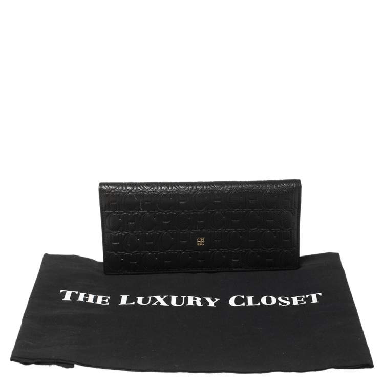 مملوكة مسبقًا Carolina Herrera Black Monogram Embossed Leather Bifold Long Wallet