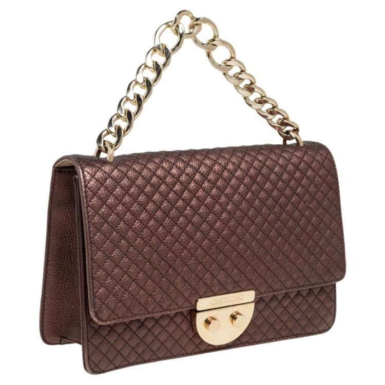 Pre Owned Carolina Herrera Metallic Brown Quilted Leather Flap Convertible Shoulder Bag