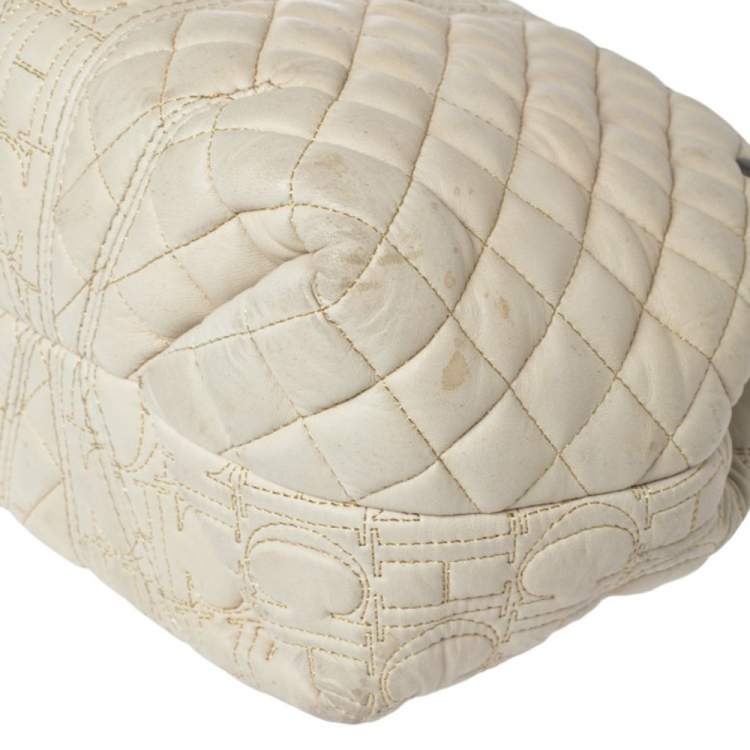 Pre Owned Carolina Herrera Cream White Quilted Monogram Leather Chain Tote