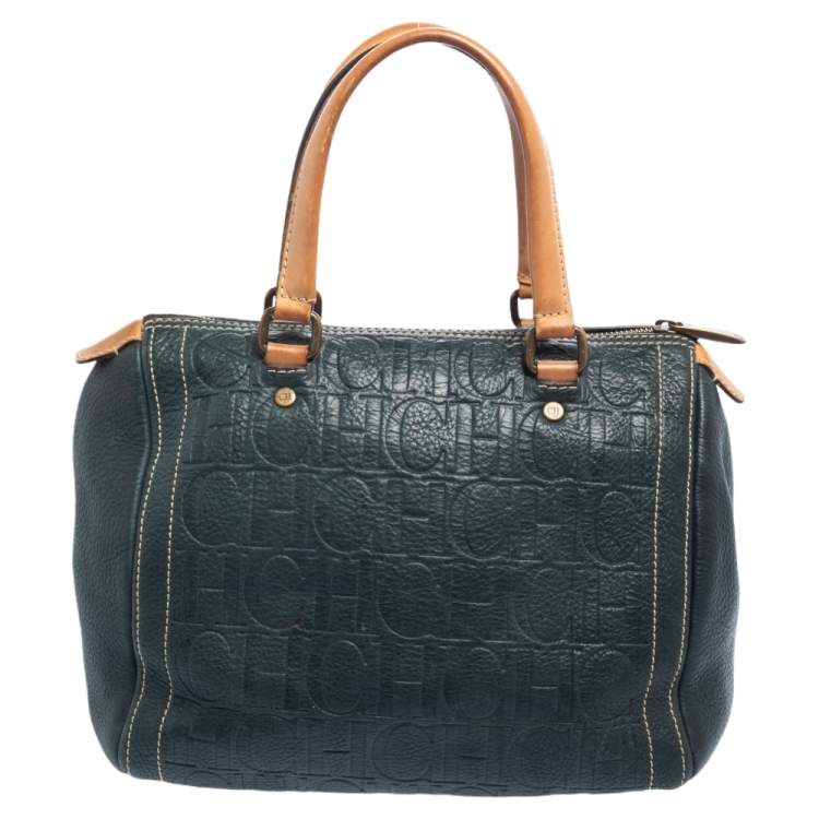 Pre Owned Carolina Herrera Dark Green Monogram Leather Andy Boston Bag