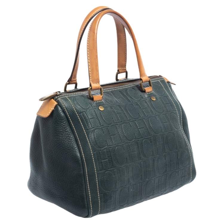Pre Owned Carolina Herrera Dark Green Monogram Leather Andy Boston Bag