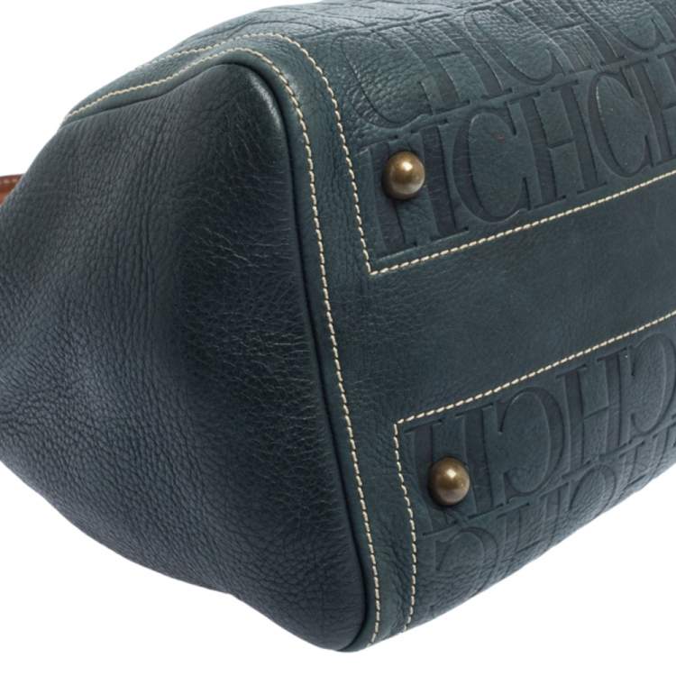 Pre Owned Carolina Herrera Dark Green Monogram Leather Andy Boston Bag