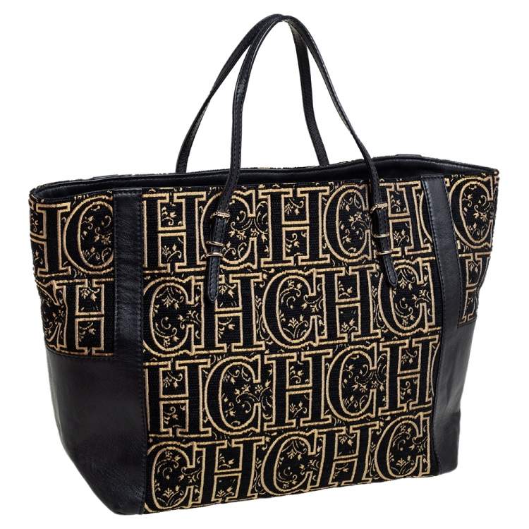 Pre Owned CH Carolina Herrera Black/Gold Leather, Fabric Tote