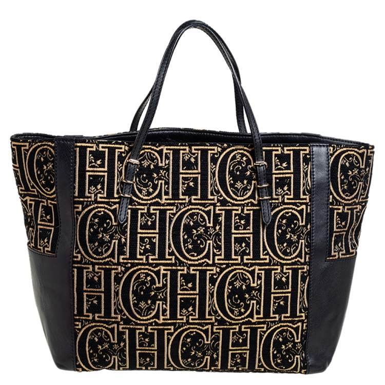 Pre Owned CH Carolina Herrera Black/Gold Leather, Fabric Tote