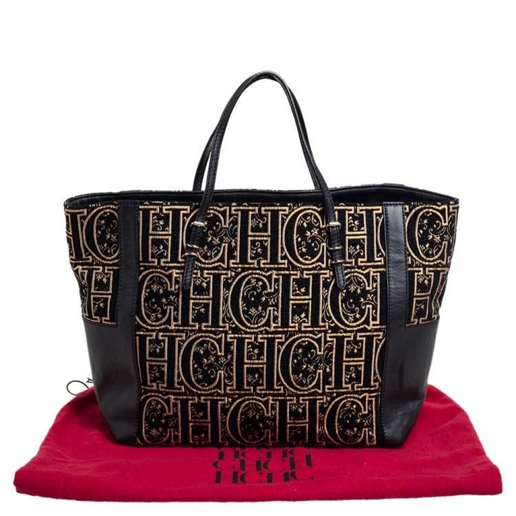 Pre Owned CH Carolina Herrera Black/Gold Leather, Fabric Tote