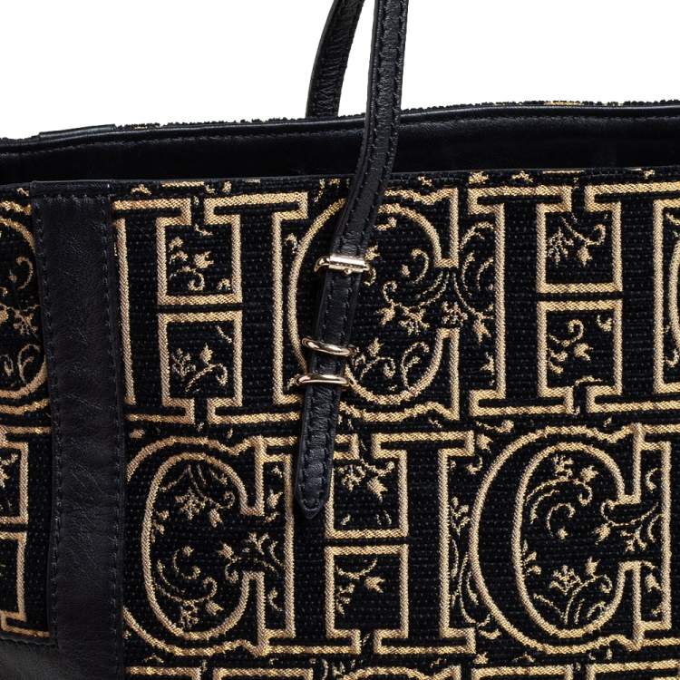 Pre Owned CH Carolina Herrera Black/Gold Leather, Fabric Tote