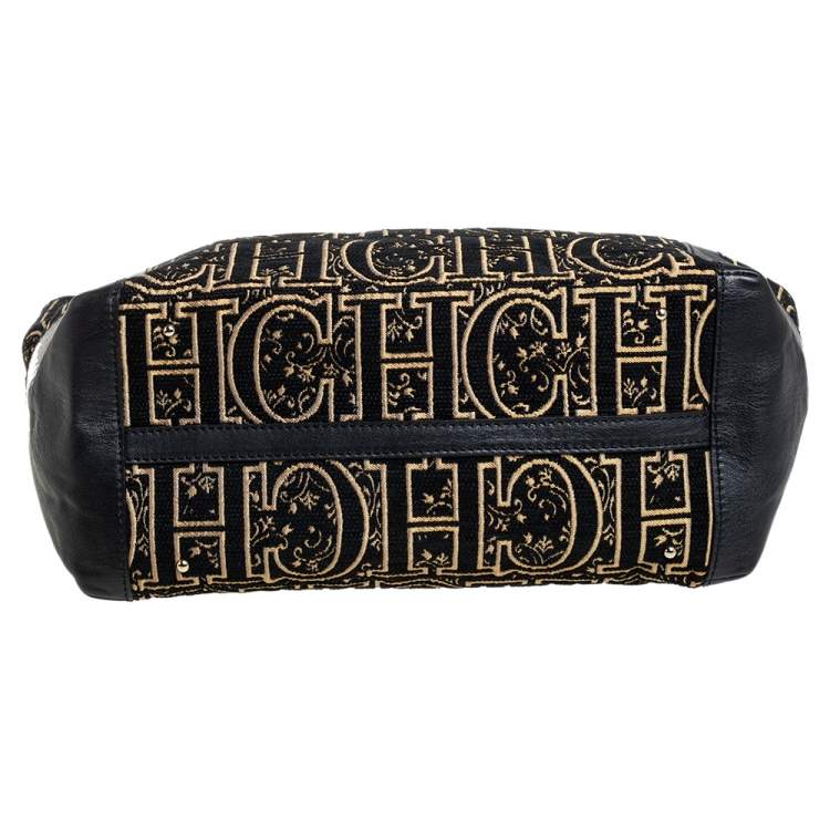 Pre Owned CH Carolina Herrera Black/Gold Leather, Fabric Tote