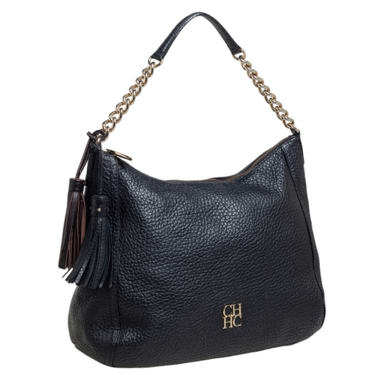 Pre Owned Carolina Herrera Black Leather Tassel Chain Hobo