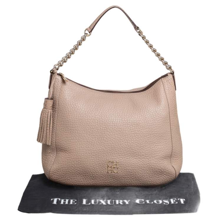 Pre Owned Carolina Herrera Beige Leather Chain Tassel Hobo