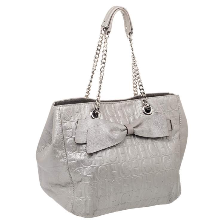Pre Owned CH Carolina Herrera Silver Embossed Leather Audrey Tote