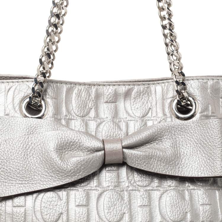 Pre Owned CH Carolina Herrera Silver Embossed Leather Audrey Tote