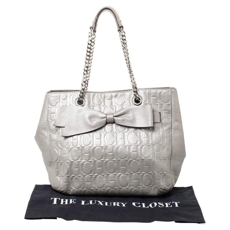 Pre Owned CH Carolina Herrera Silver Embossed Leather Audrey Tote