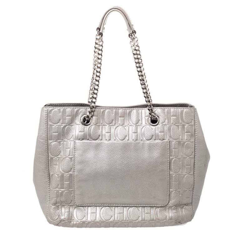 Pre Owned CH Carolina Herrera Silver Embossed Leather Audrey Tote