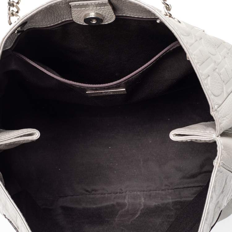 Pre Owned CH Carolina Herrera Silver Embossed Leather Audrey Tote