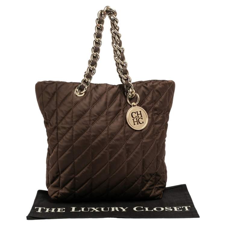 Pre Owned CH Carolina Herrera Brown Quilted Satin Chain Handle Tote