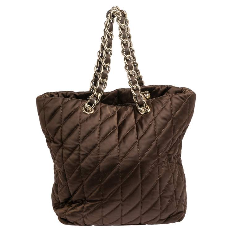 Pre Owned CH Carolina Herrera Brown Quilted Satin Chain Handle Tote
