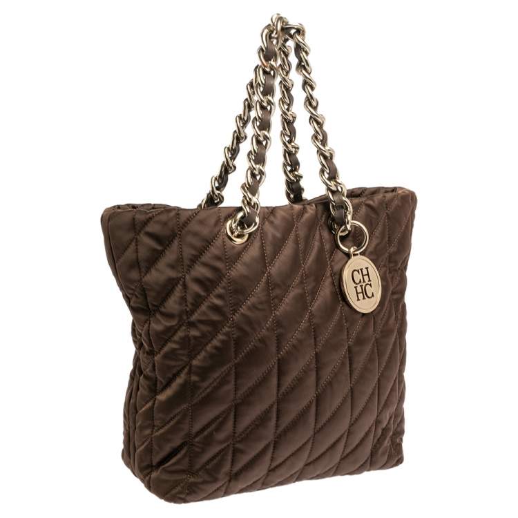Pre Owned CH Carolina Herrera Brown Quilted Satin Chain Handle Tote