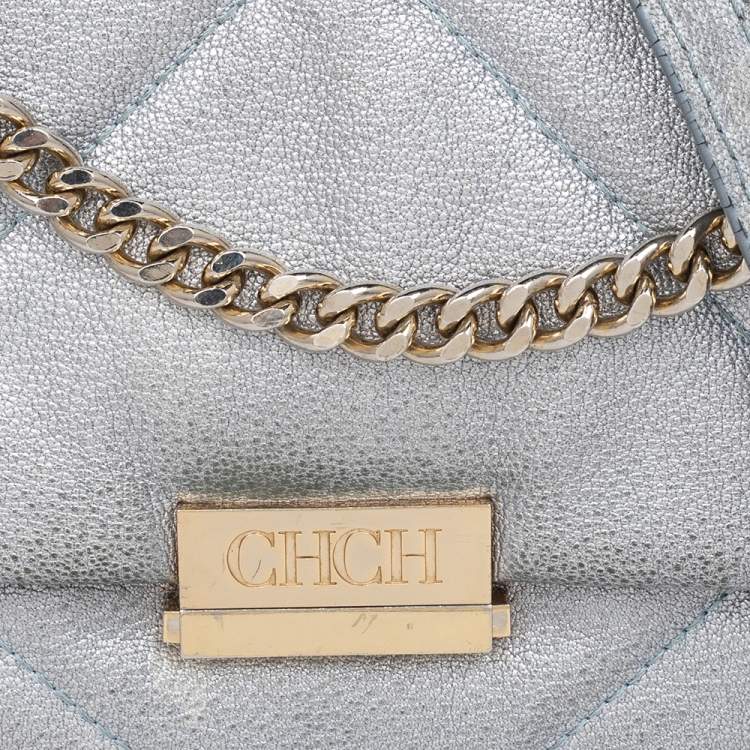 Pre Owned CH Carolina Herrera Metallic Grey Quilted Leather Flap Shoulder Bag