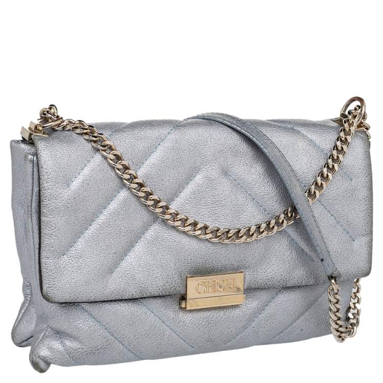 Pre Owned CH Carolina Herrera Metallic Grey Quilted Leather Flap Shoulder Bag