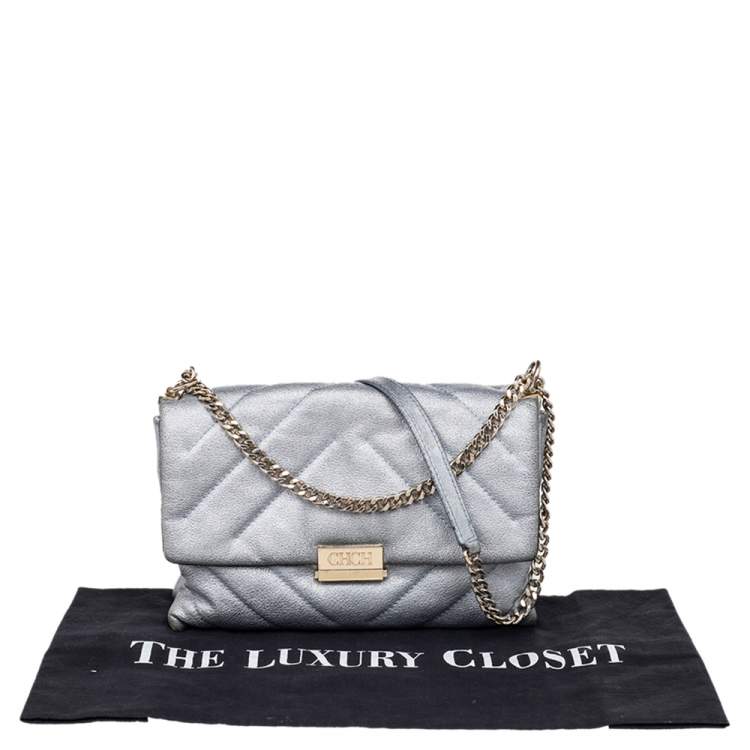 Pre Owned CH Carolina Herrera Metallic Grey Quilted Leather Flap Shoulder Bag