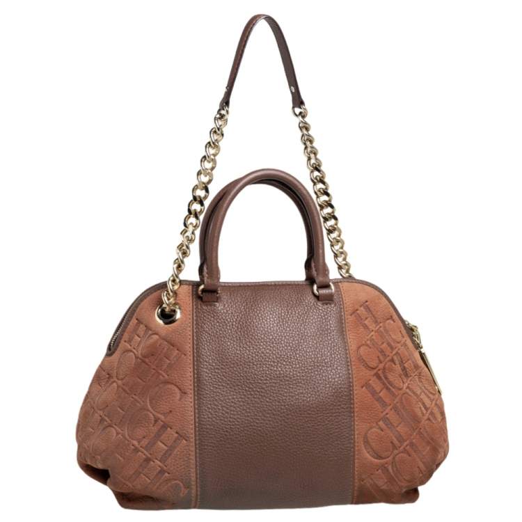 Pre Owned Carolina Herrera Brown Monogram Nubuck and Leather Dome Satchel