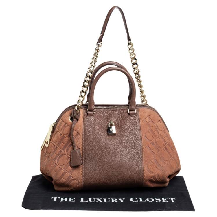 Pre Owned Carolina Herrera Brown Monogram Nubuck and Leather Dome Satchel