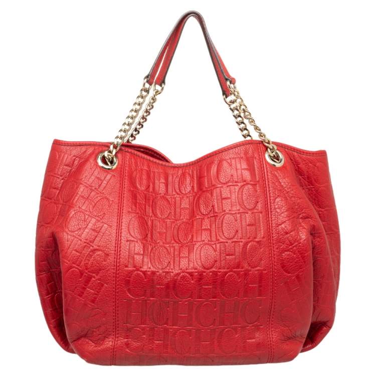 مملوكة مسبقًا CH Carolina Herrera Red Monogram Embossed Leather Chain Handle Tote