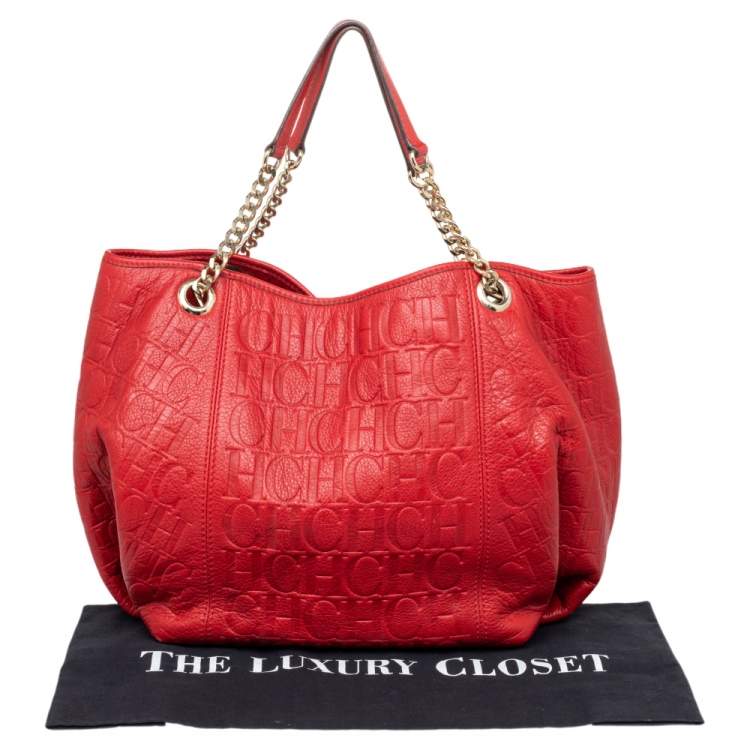 مملوكة مسبقًا CH Carolina Herrera Red Monogram Embossed Leather Chain Handle Tote