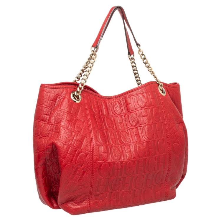مملوكة مسبقًا CH Carolina Herrera Red Monogram Embossed Leather Chain Handle Tote